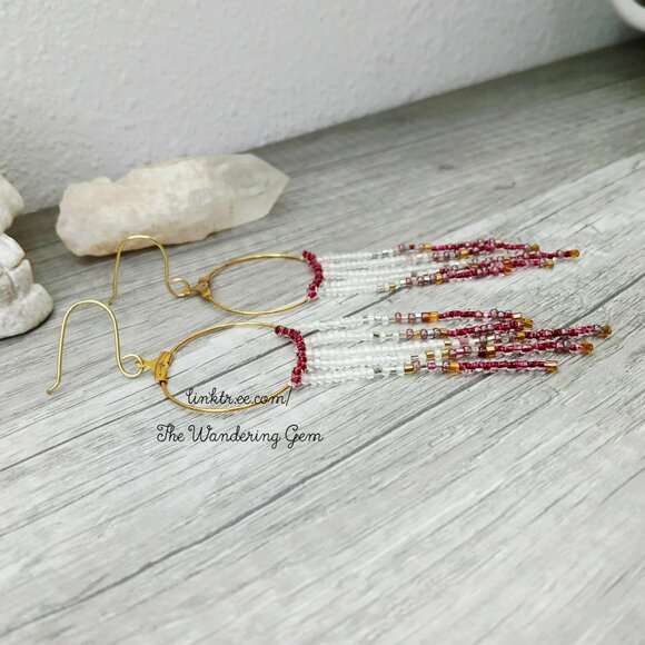 Boho Chic Seed Bead Fringe Cascade Tassel Hoop Dangle Earrings, Statement 4.5" - Picture 6 of 9